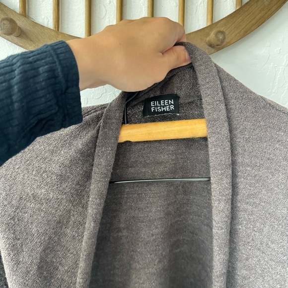 Eileen Fisher Brown Open Front Fold Over Collar Cardigan Sweater 100% wool - Picture 4 of 7